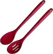 U-Taste 34cm Long Cooking Spoons: 315℃ Heat Resistant Solid & Slotted Silicone Mixing Tool, 7cm Wide Food Grade Kitchen Utensil for Stirring in Nonstick Pot and Pan Cookware (Red, Set of 2)