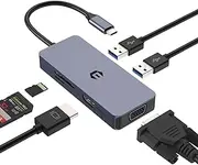 USB C Adapter HUB, USB C HUB, 4K HDMI VGA USB Hub, 6 in 1 Adapter with USB A, USB 2.0, SD/TF Card Reader, Compatible with Mac, Windows