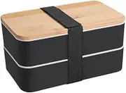 Bushora Bento Box 1200ML,2-Layer Lunch Box with Bamboo Lid,Leakproof Food Container for Kids- Adults, Microwave-Dishwasher Safe,Lunch Bag Included (Black)