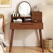 Wooden Vanity Desk, Makeup Vanity Set with Adjustable Brightness Mirror and Drawers, Multifunctional Dressing Table Writing Desk Computer Desk(Walnut)