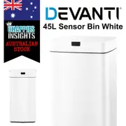 Devanti 45L Sensor Bin White Automatic Steel Convenient Hands Free AA Battery