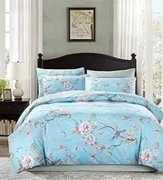 [Softta] Vintage Luxury Queen Size 3Pcs Duvet/Quilt Cover Sets Amanda Flower Bedding Set Butterfly Bird Floral Leaves Pattern Boho Shabby French Farmhouse 100% Damask Egytion Cotton Light Blue