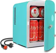 [Koolatron] Retro 4L 6 Can Portable Mini Fridge, Compact Car Refrigerator, Skincare Cosmetic Beauty Makeup Personal Cooler 12V and AC Cords Desktop Accessory for Bedroom Home Office Travel (Aqua)