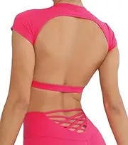 [Adigau] Womens Backless Sports Shirts Short Sleeve Workout Top Mild Support Crop Tops Crew Neck Crop Tank Tops Open Back Tee Shirts Red