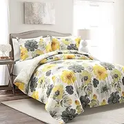 [Lush Decor] Leah Reversible Cotton 3 Piece Duvet Cover Set, Full/Queen, Yellow & Gray