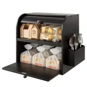 Bamboo Bread Box for Kitchen Countertop Dobule Layer Roll Top Bread Bin with ...
