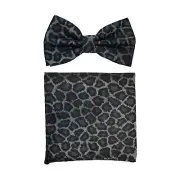 Men's Pre-tied Bow Tie & hankie set polyester Gray animal snake print wedding