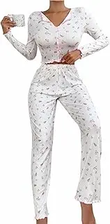 [Hilinker] Womens Cute Long Sleeve Pajama Set Ribbed Top and Pants Sleepwear 2 Piece Pjs