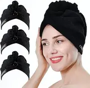 COGANA 3Pack Microfiber Hair Towels, Hair Towel Wrap for Women, Hair Drying Towel with Button, Hair Wrap Towel for Curly Hair, Hair Turban for Wet Hair(10Wx28L, Black)