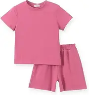 [ACESTAR] Toddler Baby Girls Summer Clothes Set - Cotton Solid Plain Short Sleeve T-Shirt Tops + Shorts Cute Outfits Set
