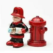 Fireman with Hose and Hydrant 4 Inch Ceramic Magnetic Salt and Pepper Shaker