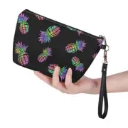 Colorful Striped Pineapple Black Portable Large Travel PU Leather Makeup Pouch