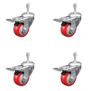 3.5 Inch SS Red Poly Swivel 3/8 Inch Threaded Stem Caster Set Total Lock Brake