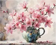 Branches and Flowers Paint by Numbers Kit for Adults - DIY Pink Blossoms in Blue Jug Painting on Canvas 16x20 Inches, Acrylic Paint Set, Suitable for Beginners, Art for Home Decoration/Gifts