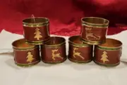 Pier 1 Imports Holiday Napkin Rings Green Red Enameled Brass Tree Deer Set 6 NEW