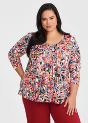 [Taking Shape] Taking Shape Printed Pintuck 3 / 4 Sleeve Top Size 18 in RED / Multi - Plus Size Women's Clothing Red / Multi