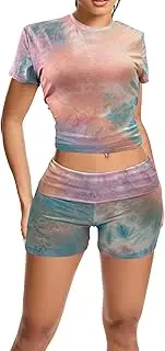 [qfmqkpi] Workout Outfits for Women 2 Piece Set Short Sleeve Tops Slim Foldover Shorts Matching Lounge sets Tracksuit