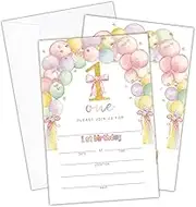Doreen's Boutique 20 Balloon Arch First Birthday Party Invitations, 4"x6" Pastel Rainbow 1st Fill-In Style Birthday Party Invites with Envelopes for Boys Girl -01
