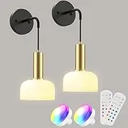 HURYEE Battery Operated Wall Sconces, Rechargeable Glass Wall Light Set of 2, RGB Dimmable Modern No Wire Wall Lamp with Remote, Hanging Lighting Fixture for Indoor Bedside Living Room