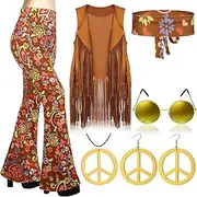 Women Hippie Costume Set 60s 70s Outfits for Boho Flared Pants Fringe Vest Peace Sign Accessories 7 Pcs Set (XL,Peace)
