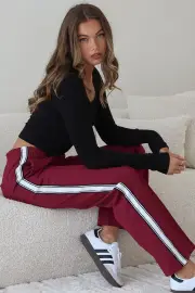 Victoria Pants - High Waisted Sports Stripe Side Seams in Wine