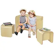 Giantex 3 in 1 Kids Wooden Table & 2 Chair Set Children Desk Sets for Drawing Eating Reading U-shaped Desk Natural
