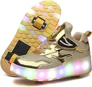 [RDJSHOP] Kids LED Flashing Wheel Roller Skate Shoes USB Charging Retractable Technical Skateboarding Shoe Outdoor Running Gymnastics Sneakers,Gold-36
