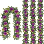 4 Pack 26.4FT Eucalyptus Garland with 4PCS Purple Flower Garland With Lights