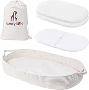 Luxury Little Baby Changing Moses Basket with Memory Foam Mattress, Waterproof Changing Pad Covers, Boho Changing Station for Nursery Decor, 100% Cotton Rope, Portable Baby Lounger