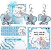 40 Sets Baby Shower Favors for Boys, Guests Gifts Including Elephant Keychains Decorations, Drawstring Bags, Thank You Cards for Baby Shower Party, Blue, Small