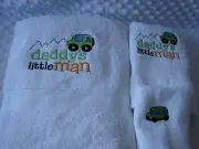 Daddy's Little Man White Machine Embroidered Bath Towel Set