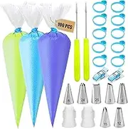 Makmeng Piping Bags and Tips Set - 100 12Inch Disposable Piping Bags for Royal Icing with 7 Frosting Tips, 10 Pastry Bags Ties, 2 Scriber Needle - Tipless Piping Bags Kit for Cookies & Cake Decorating