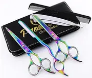 ProMax Barber Hair Cutting Shears 5 PCs Set- Made of Japanese Multi Colour Titanium Stainless Steel,with Barber and Thinning Shears 6.5"-Exchangeable Blade Razors, Comb,Hair Shaper and Cloth- 11-4645