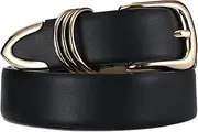 [RISANTRY] Women's Leather Belts for Jeans Dresses, Black Leather Waist Belt Fashion Ladies Belts with Gold Buckle