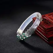 [BOSUGE] Natural Feng Shui Wealth and Luck Bracelet Women, Charm Chinese Style Jade Bangle 925 Sterling Silver Peacock Bracelet Bangle for Womens (Color : White)