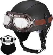 Motorcycle Open Face Helmet Cap,Motorcycle Retro Half Helmet German Style Leather Half Face Helmet with Goggles and Adjustable Quick Release Buckle ECE Approved D,M=57-58CM