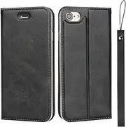 for iPhone SE 2020/ SE 2022 Case,iPhone 7 Case, iPhone 8 (4.7"),Cavor Folio Flip Leather Wallet Phone Case Stand Card Holder Magnetic Closure Clear TPU Bumper Slim thin Cover Case with Wristlet Strap- Black