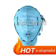 Blue PU Leather Binding Head Hood Mouth Gags Blindfold Full Head Mask