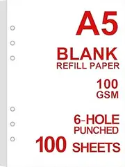 A5 Blank Paper Refill, Refills for Filofax Planner/Binders/Organizer, 6-Hole Punched, 100 Sheets/200 Pages Filler Paper, 100gsm, White, 5.8'' x 8.2''