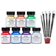 93AS 1 Oz Angelus Pearlescent Leather Paint 7 Color Set W/ 5 Pc Brush Set
