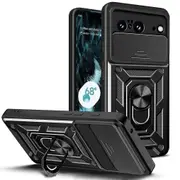 case For Google Pixel 8 Slide Camera Lens Protection and Built in 360 Rotatable Ring Holder - Black