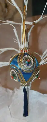 Handmade Round Aurora borealis Jeweled Blue Satin Christmas Ornament