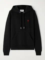 [AMI PARIS] AMI PARIS - Embroidered Cotton-blend Jersey Hoodie - Black - small small Black