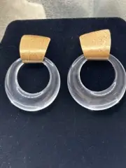 Vintage Anthropologie Gold & Clear Lucite Hoop Earrings With Hammered Design