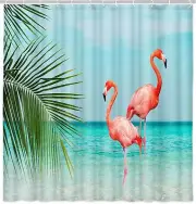 Beach Shower Curtain with Flamingo, Blue Teal Sea Pink Flamingo 70X70,