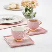KARACA Art Deco Pink 4-Piece Mocha Cups-Espresso Cups Set for 2 People, Coffee Cups Set, Saucer, Robust Mocha Cup, Thick Drinking Rim, Porcelain Espresso Set
