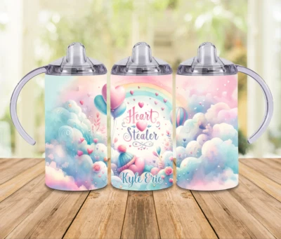 PERSONALISE 'CUTE HEART STEALER' 350ML S/S SIPPY CUP/TUMBLER, 2 LIDS & STRAW.