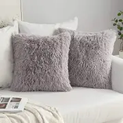 Plush Square Sofa Pillow Cover Fluffy Pillowcase for Couch Living Room Bedroom-Grey
