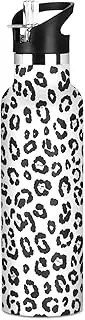 Kids Water Bottle with Straw for School, Water Bottle Stainless Steel for Travel or School 20 Oz, BPA-Free, Black White Leopard Spots