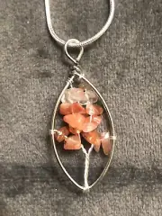 Wire Wrapped Red Agate Chip Gemstone Pendant On Silver Snake Chain